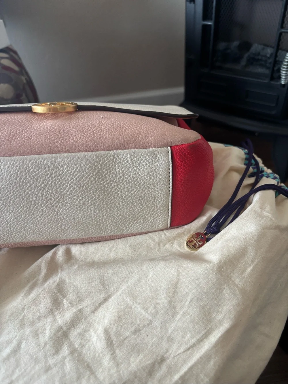 Tory Burch Two-Tone Cream & Blush Pebbled Leather Crossbody